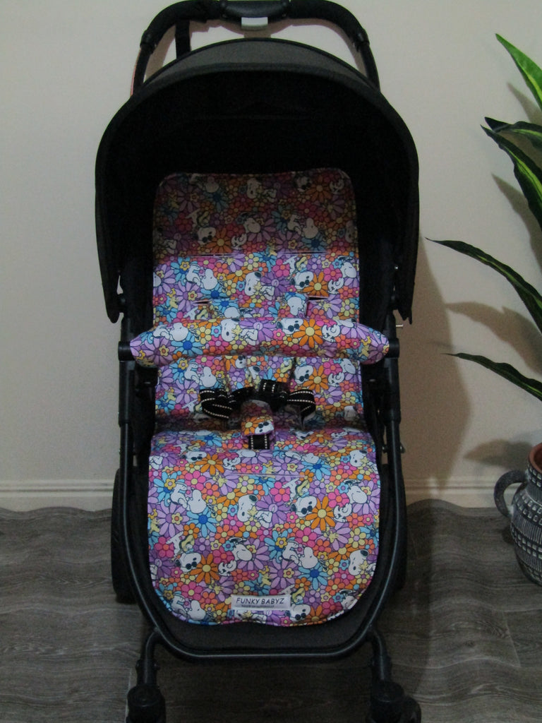 Pram liner set universal,100% cotton-Flower power dog.