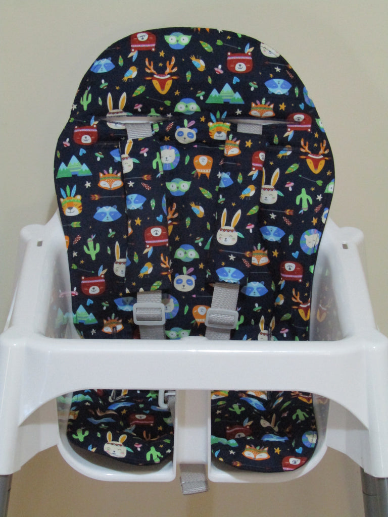 Small size universal high chair liner set-Tribal animals,black