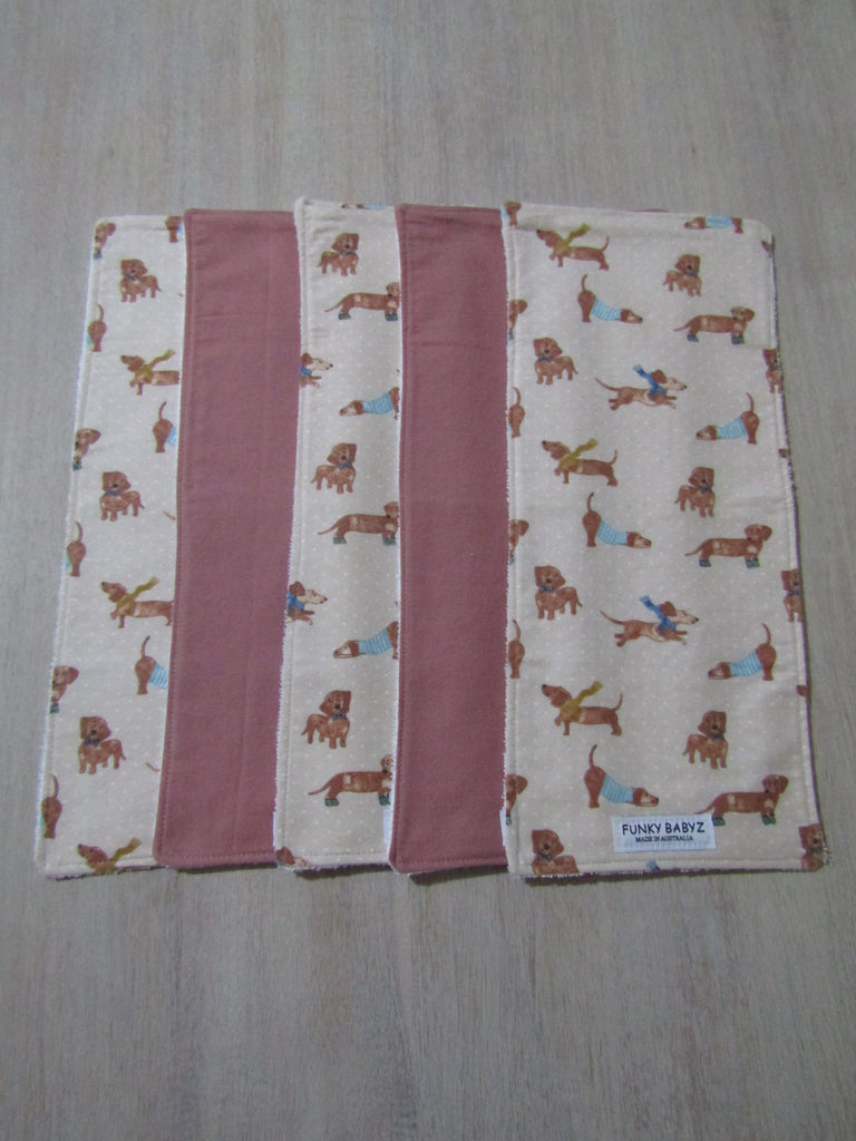 Burp cloth pack of 5-Silly sausage dogs