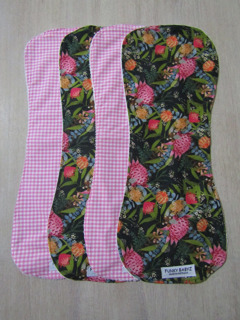 Burp cloth pack of 4 contoured-Australian desert flowers,pink gingham