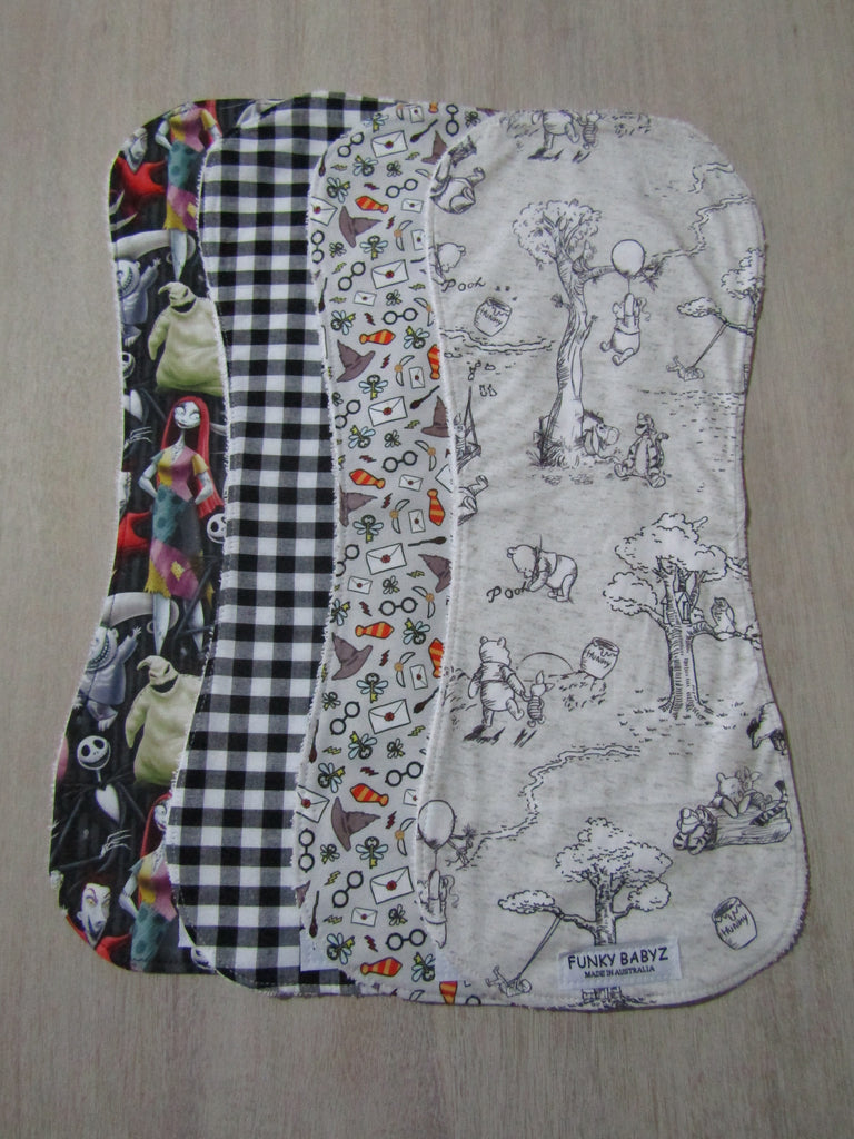 Burp cloth pack of 4 contoured-Nightmare,gingham,wizard,bear