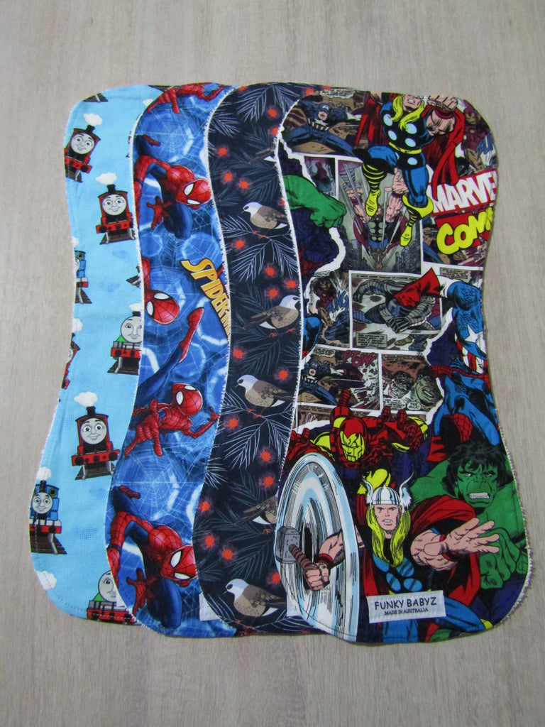 Burp cloth pack of 4 contoured-Superhero,trains,birds