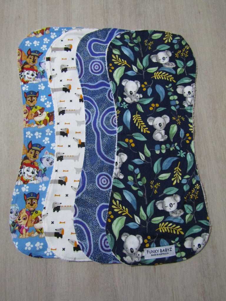 Burp cloth pack of 4 contoured-koala,dogs,indigenous