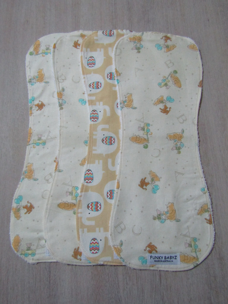 Burp cloth pack of 4 contoured-bear,elephant