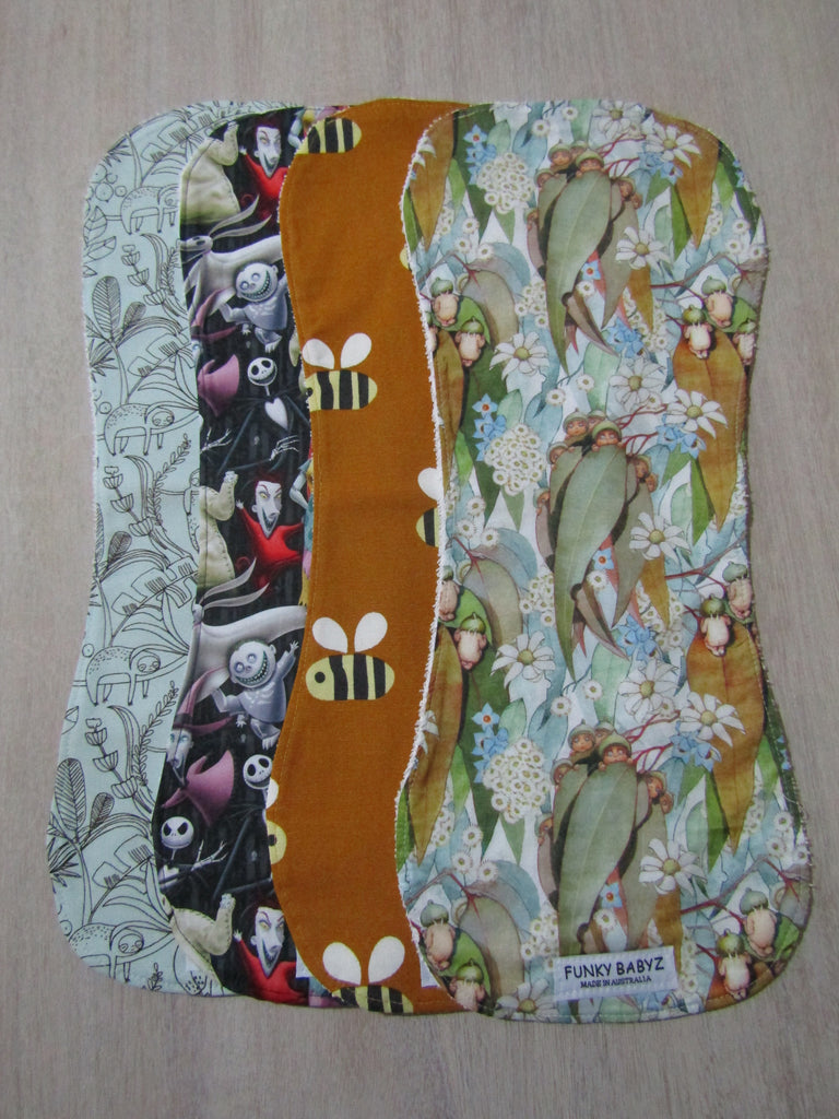 Burp cloth pack of 4 contoured-Sloth,bee,gumnut.nightmare