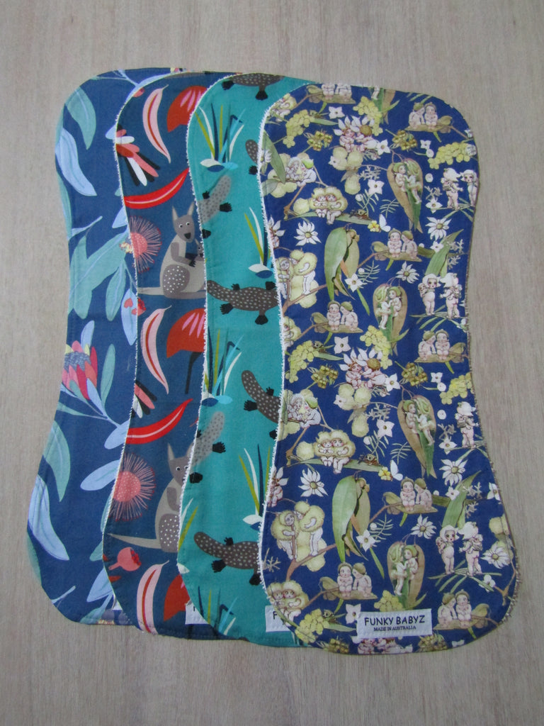 Burp cloth pack of 4 contoured-cockatoo,platypus,gumnut,Australiana