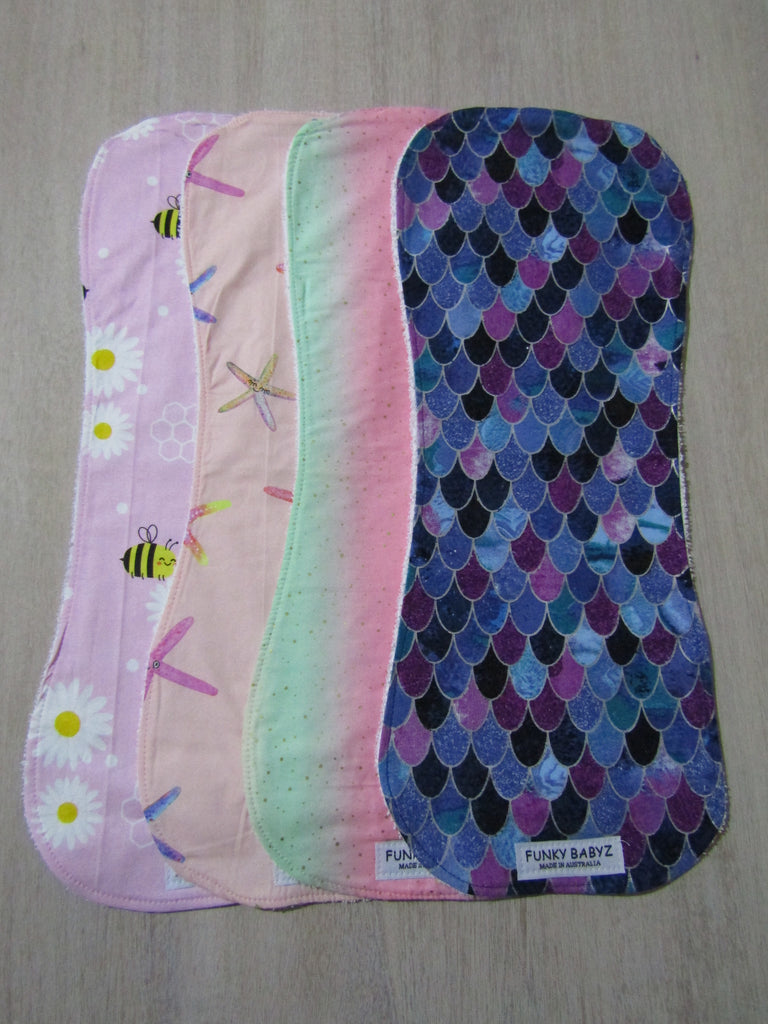 Burp cloth pack of 4 contoured-scales,stripes,starfish,bees