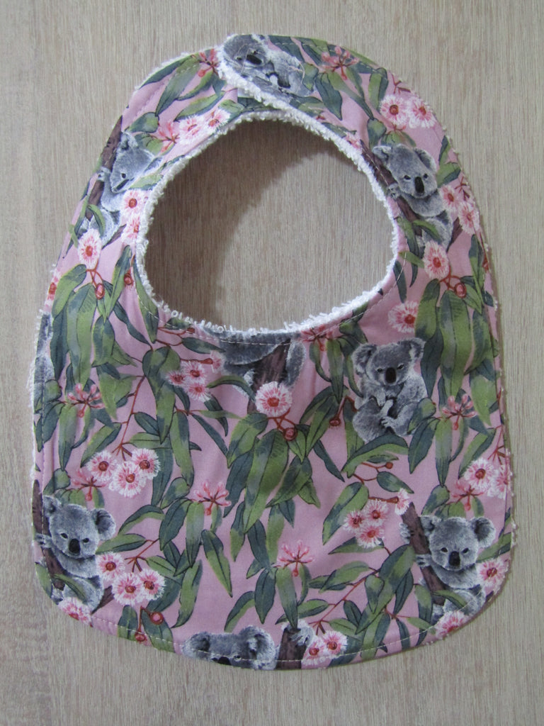 Flat baby bib-Koala gum leaves,pink