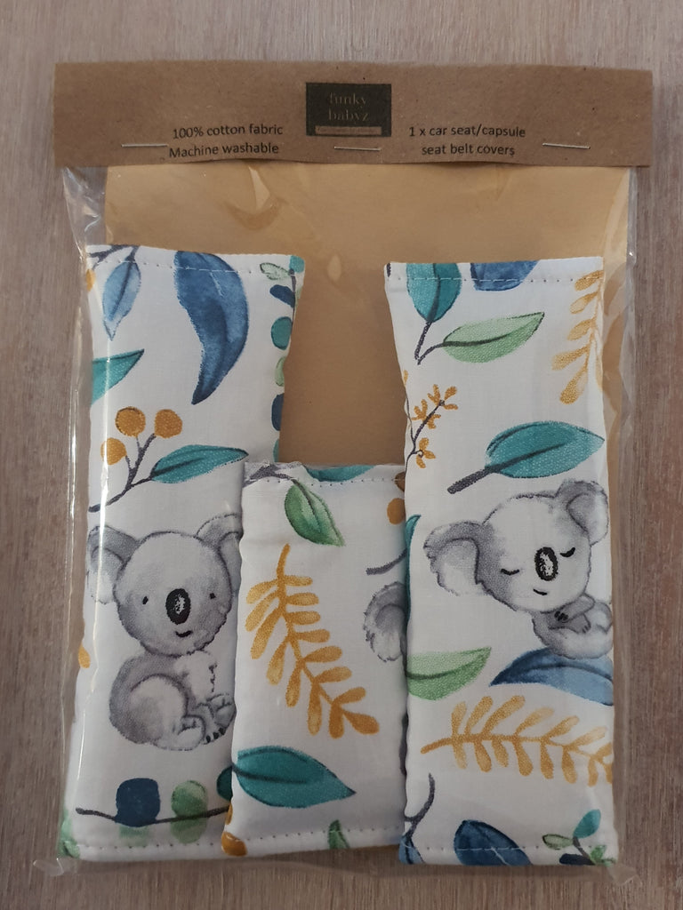 Baby capsule/car seat belt covers-Australian koalas,white *Gift packed*