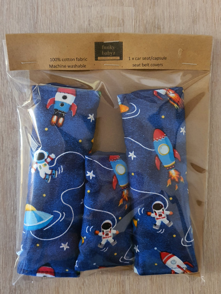 Baby capsule/car seat belt covers-Spaceships and astronauts *Gift packed*