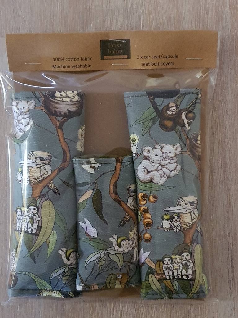 Baby capsule/car seat belt covers-Gumnut babies,tree tops *Gift packed*