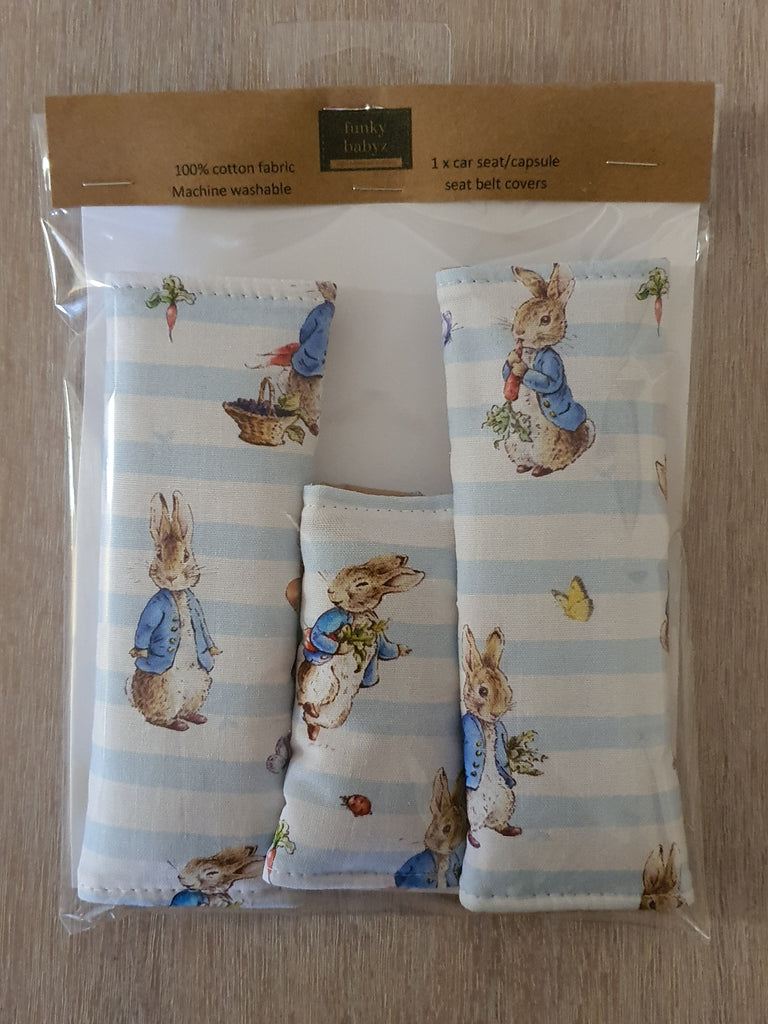 Baby capsule/car seat belt covers-Peter rabbit,stripes *Gift packed*