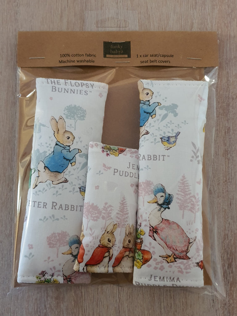 Baby capsule/car seat belt covers-Peter rabbit,white *Gift packed*