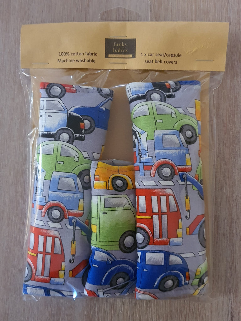 Baby capsule/car seat belt covers-Cars and trucks *Gift packed*