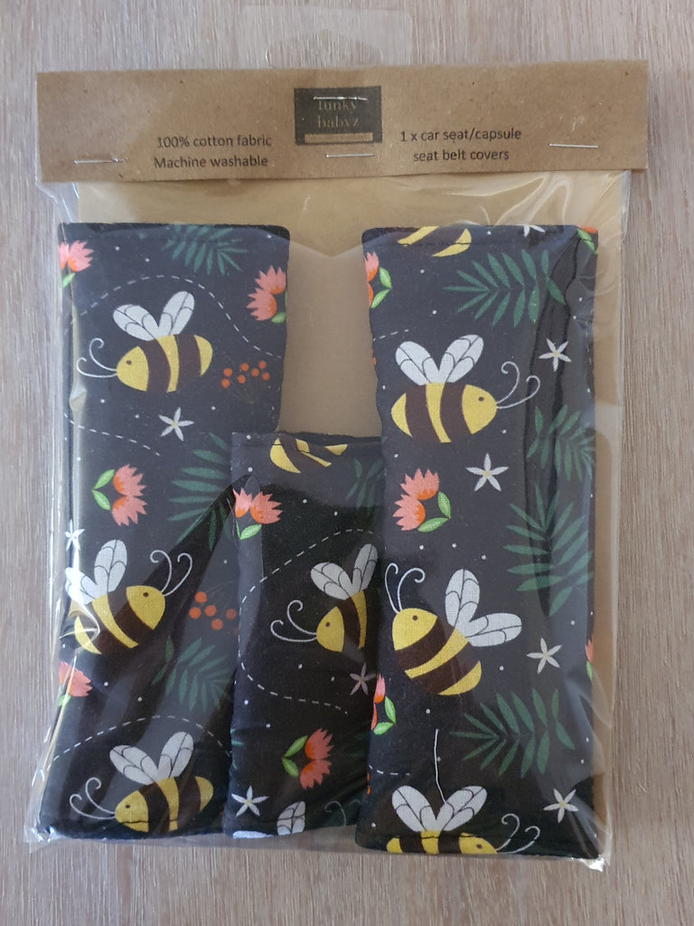 Baby capsule/car seat belt covers-Floral bees *Gift packed*