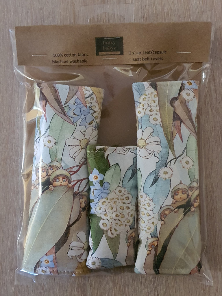 Baby capsule/car seat belt covers-Gumnut babies,gum leaves *Gift packed*