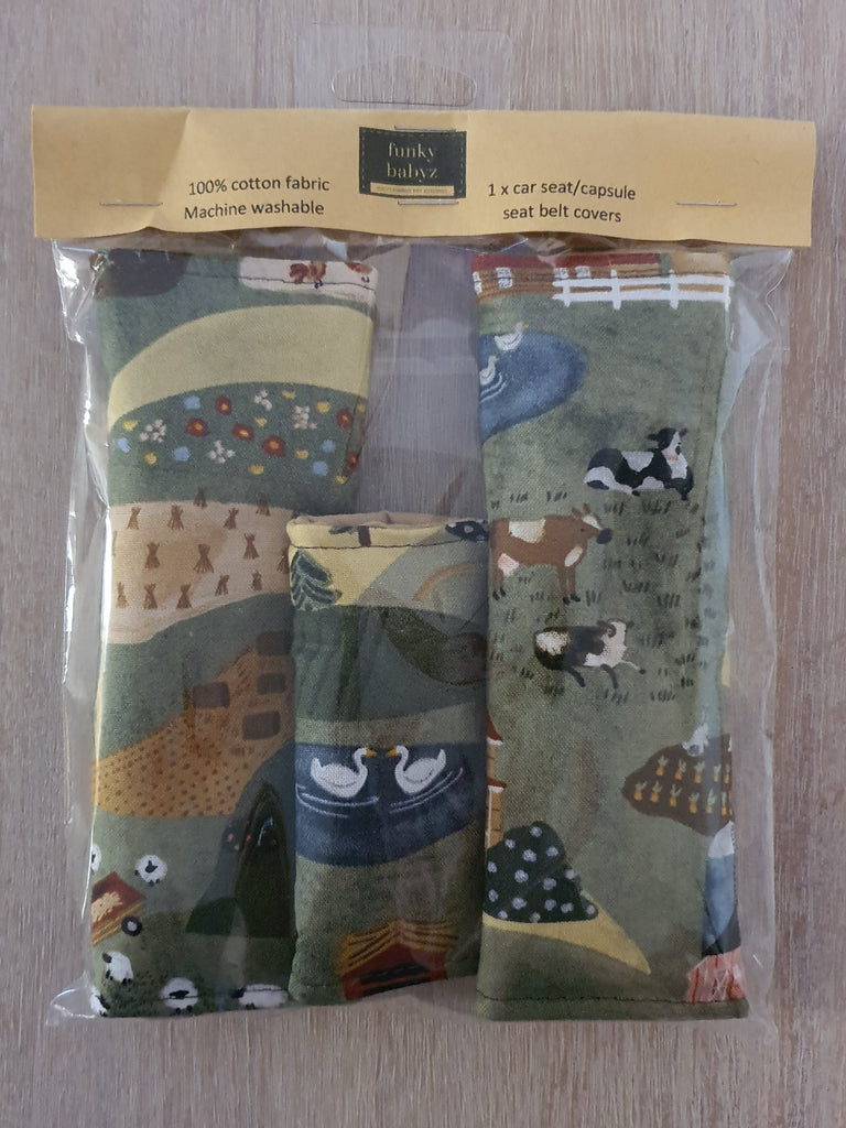 Baby capsule/car seat belt covers-Rolling hills farm *Gift packed*