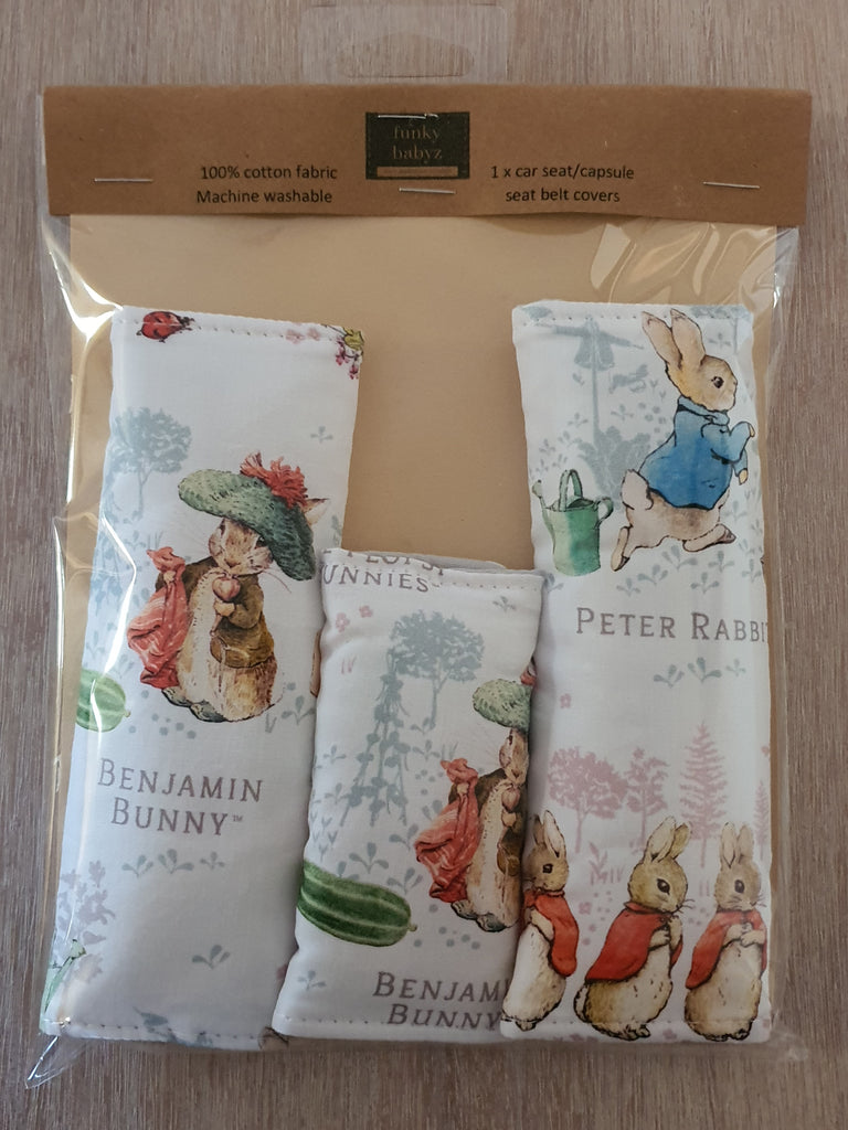 Baby capsule/car seat belt covers-Peter rabbit,white *Gift packed*