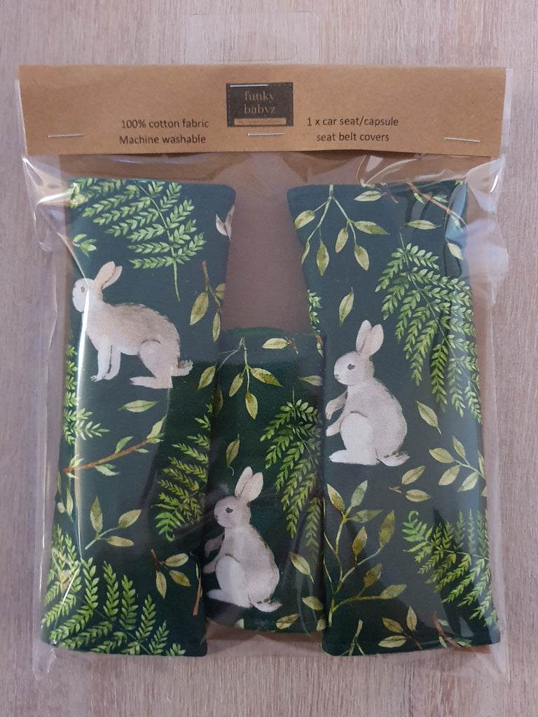 Baby capsule/car seat belt covers-bunny in the woods,green *Gift packed*