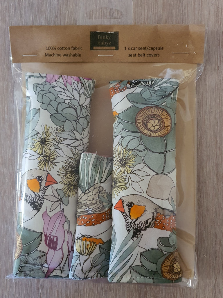 Baby capsule/car seat belt covers-Australian wild finch birds *Gift packed*