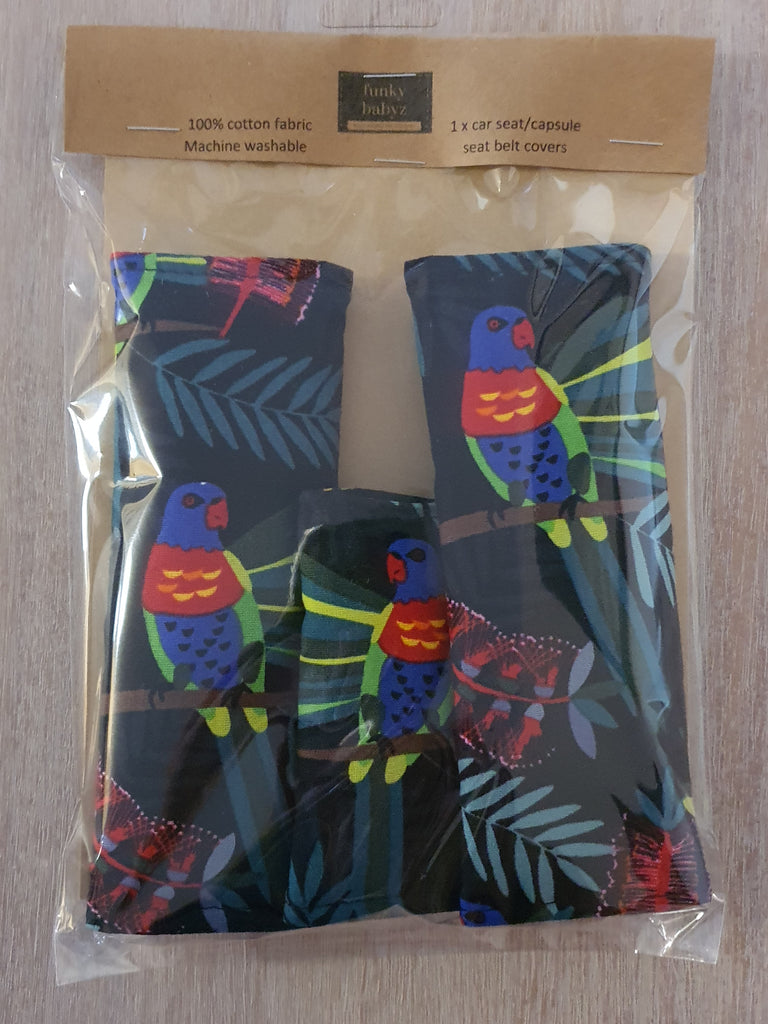 Baby capsule/car seat belt covers-Australian lorikeet parrots *Gift packed*