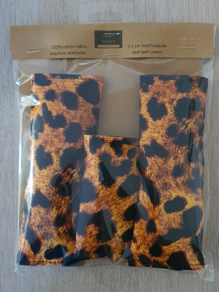 Baby capsule/car seat belt covers-Brown leopard spots *Gift packed*