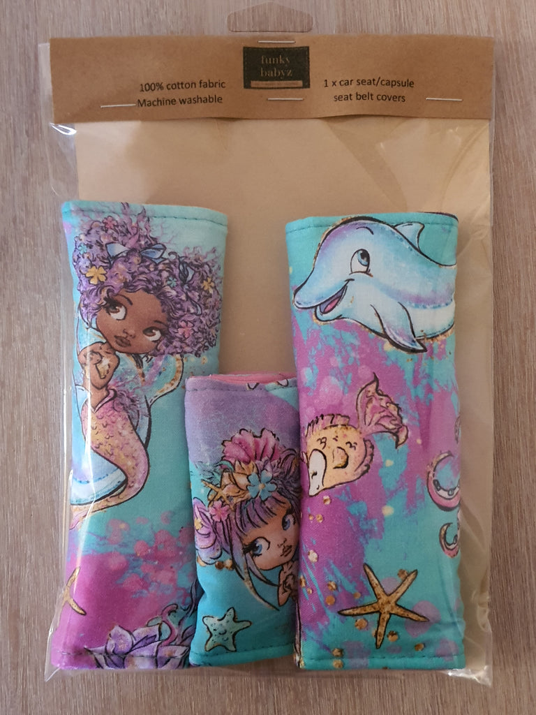 Baby capsule/car seat belt covers-Pretty mermaids *Gift packed*