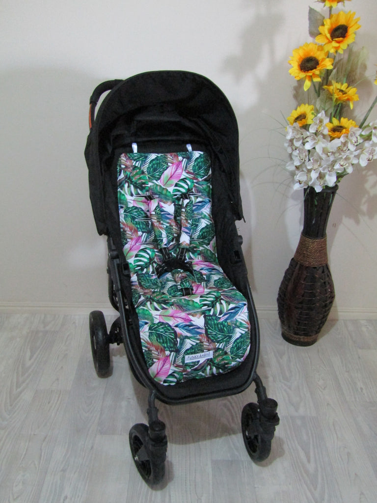 Pram/stroller seat liner-Pink paradise leaves