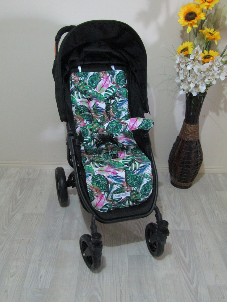 Pram/stroller seat liner-Pink paradise leaves