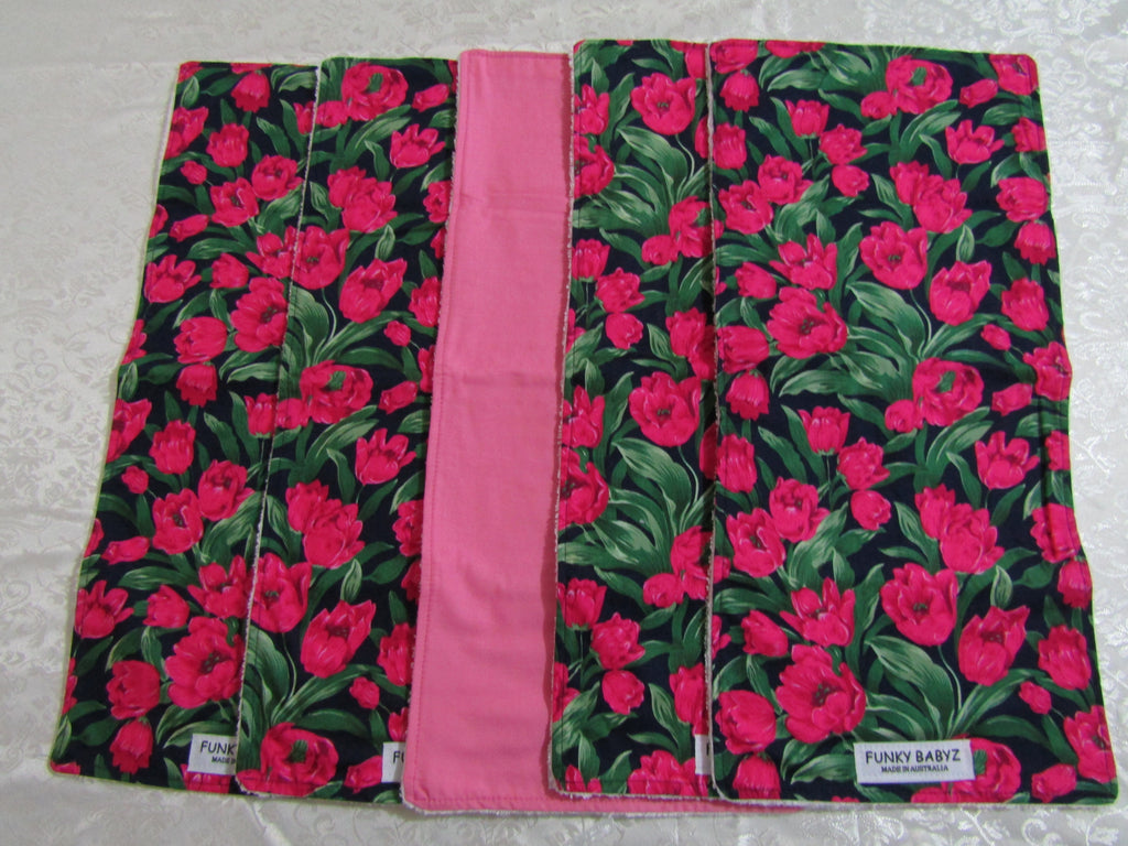 Burp cloth pack of 5-Pink tulip flowers
